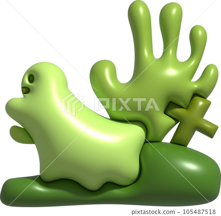 3d illustration. Halloween cute little ghost and grave cemetery. 105487518