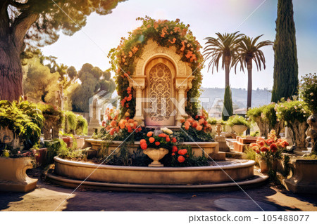 A large memorial with beautiful flowers A large memorial with beautiful flowers 105488077