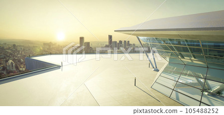 3D empty concrete floor with polygon shape design modern building exterior 105488252