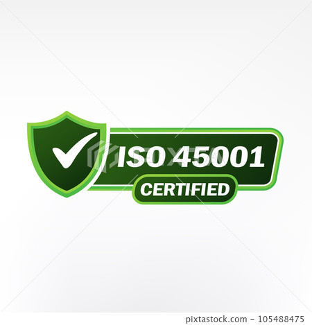 ISO 45001 Certified badge, icon. Certification stamp. Flat design vector illustration. ISO 45001 Certified badge, icon. Certification stamp. Flat design vector illustration. 105488475