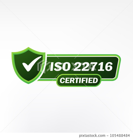ISO 22716 Certified badge, icon. Certification stamp. Flat design vector illustration ISO 22716 Certified badge, icon. Certification stamp. Flat design vector illustration 105488484