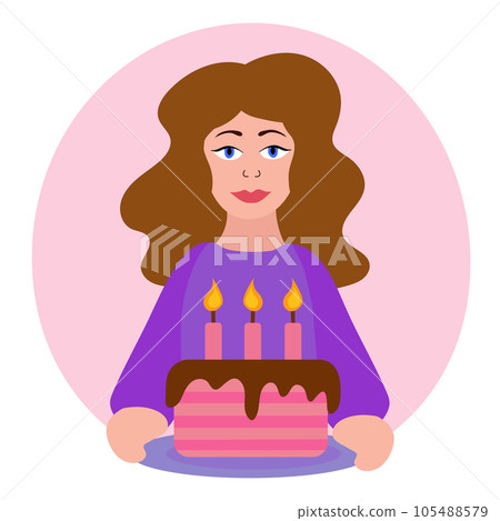 Birthday woman. Girl holding plate with birthday cake, candles. Vector flat illustration Birthday woman. Girl holding plate with birthday cake, candles. Vector flat illustration 105488579