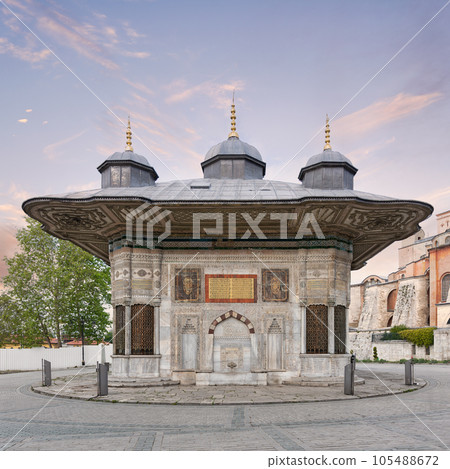 Fountain of Sultan Ahmed III, 17th century water fountain, near the Imperial Gate of Topkapi Palace, Istanbul, Turkey 105488672