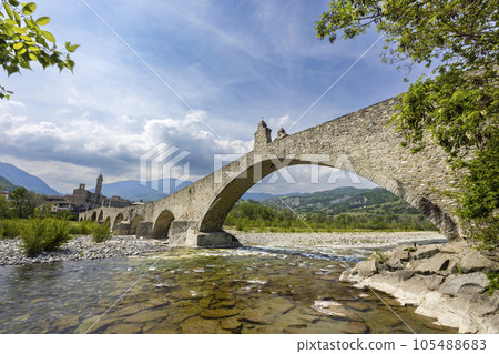 Gobbo Bridge also Devil Bridge or Ponte del Diavolo or Ponte Gobbo in Bobbio, Piacenza province, Trebbia Valley, Emilia Romagna, Italy Gobbo Bridge also Devil Bridge or Ponte del Diavolo or Ponte Gobbo in Bobbio, Piacenza province, Trebbia Valley, Emilia Romagna, Italy 105488683