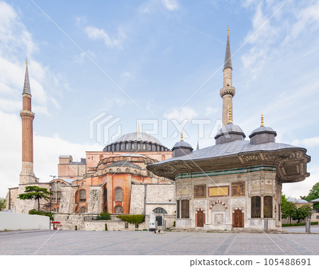 17th century Turkish rococo water fountain of Sultan Ahmed III, and Hagia Sophia, near Topkapi palace, Istanbul, Turkey 17th century Turkish rococo water fountain of Sultan Ahmed III, and Hagia Sophia, near Topkapi palace, Istanbul, Turkey 105488691