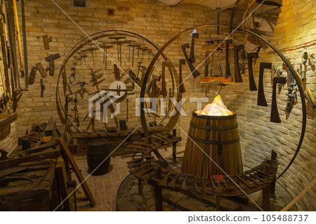 Traditional winemaking equipment in Castello di Razzano, Piedmont, Italy Traditional winemaking equipment in Castello di Razzano, Piedmont, Italy 105488737
