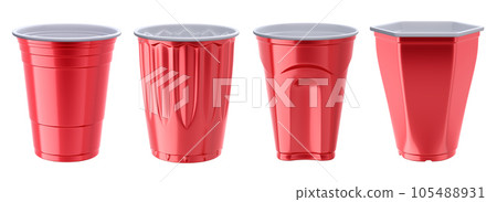 Red plastic cup set isolated on white background - 3D illustration Red plastic cup set isolated on white background - 3D illustration 105488931