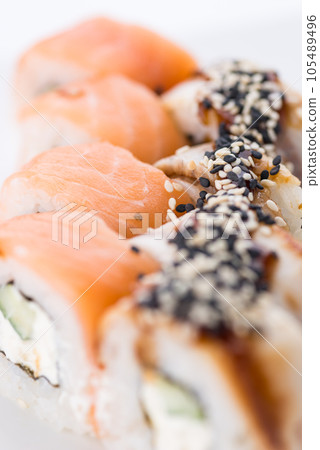 Japanese food restaurant, sushi maki gunkan roll plate or platter set. Sushi set and composition 105489496