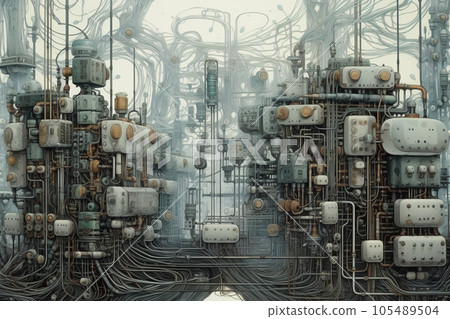 industrial steel pipelines and cables in blue tones industrial steel pipelines and cables in blue tones 105489504