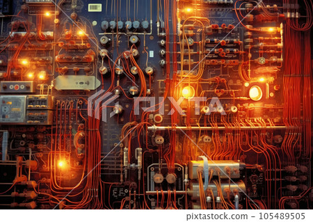 industrial steel pipelines and cables in blue tones industrial steel pipelines and cables in blue tones 105489505