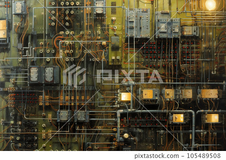 industrial steel pipelines and cables in blue tones industrial steel pipelines and cables in blue tones 105489508