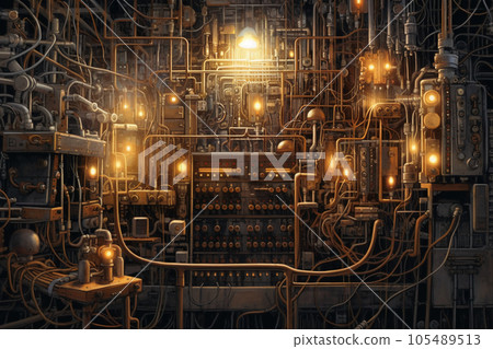 industrial steel pipelines and cables in blue tones 105489513