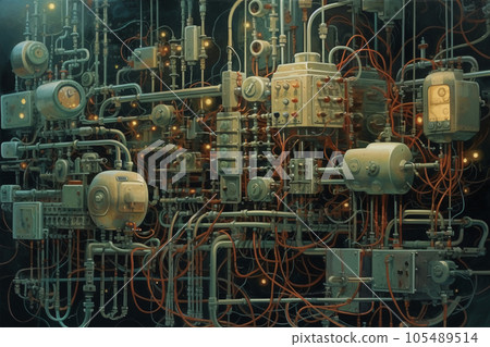 industrial steel pipelines and cables in blue tones industrial steel pipelines and cables in blue tones 105489514