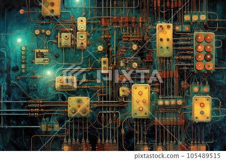 industrial steel pipelines and cables in blue tones industrial steel pipelines and cables in blue tones 105489515