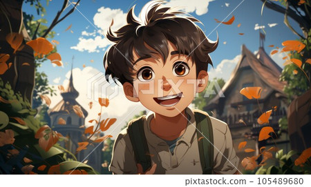 Happy Asian boy smiling in the city, illustration. Watercolor closeup Portrait of a happy Japanese kid standing on a street. Art of a male Chinese pre-teen with perfect white teeth closeup. 105489680