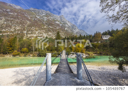 Rope bridge on the river Soca, Triglavski national park, Slovenia 105489767