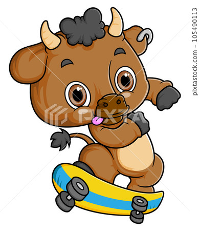 Cartoon little buffalo playing skateboard on white background of illustration Cartoon little buffalo playing skateboard on white background of illustration 105490113