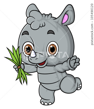 Cartoon little rhino holding grass on white background of illustration 105490120