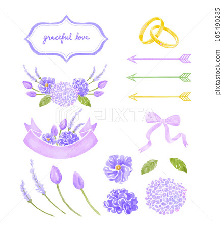 Watercolor lavender floral wreath bouquet label banner 105490285