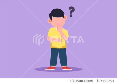Cartoon flat style drawing adorable little boy thinking. Cheerful kids think creative idea. Bubble with question mark sign. Concept of learning and growing children. Graphic design vector illustration 105490295