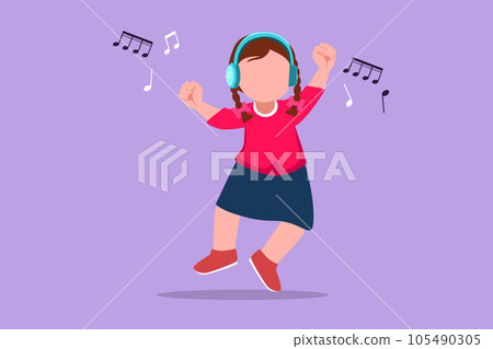 Cartoon flat style drawing pretty little girl listening to music with headphones on her head. Kids wearing earphones and headphones, listening to music and dancing. Graphic design vector illustration 105490305