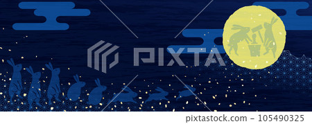 Illustration of a rabbit pounding rice cakes in the full moon Vector illustration material for moon viewing 105490325