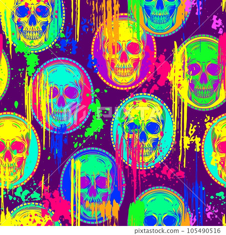 Pop art pattern with cameo with human skull. Background with paint brush strokes, smudges, blots, spattered paint of neon colors. For sports goods, prints, vinyl wrap. 105490516