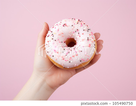 Female hand with pink donut on minimalist background 105490750