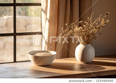 A vase and pot sitting on a table on the window sill 105490940