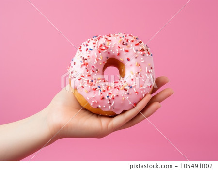 Female hand with pink donut on minimalist background Female hand with pink donut on minimalist background 105491002