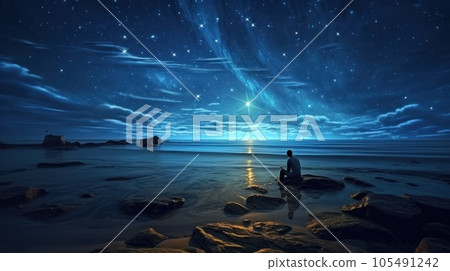 A person standing at the edge of the ocean against night stars 105491242