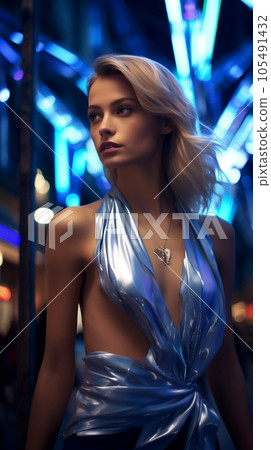 Beautiful woman model blonde dressed in blue clothes on an urban urban background, in the style of high fashion magazines. Generative ai. 105491432