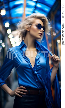 Beautiful woman model blonde dressed in blue clothes on an urban urban background, in the style of high fashion magazines. Generative ai. 105491433
