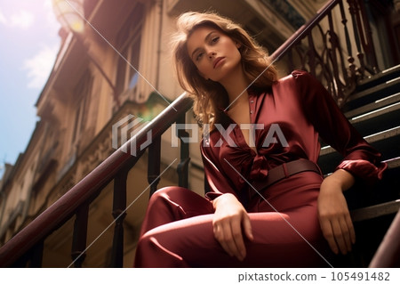 Beautiful woman model dressed in red fashionable clothes on an urban background, in the style of high fashion magazines. Generative ai. 105491482