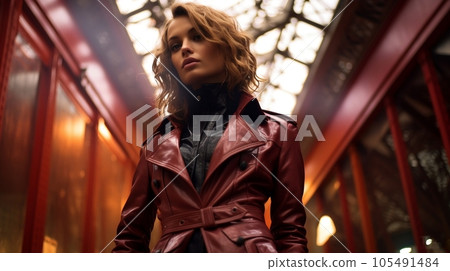 Beautiful woman model dressed in red fashionable clothes on an urban background, in the style of high fashion magazines. Generative ai. 105491484