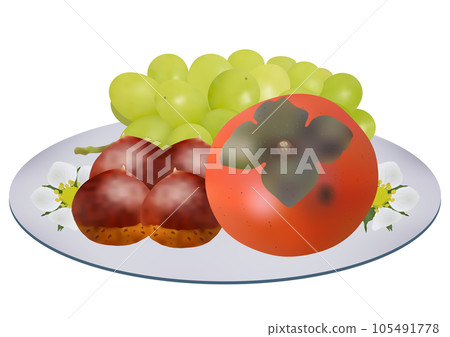 三種秋季水果盛盤“柿子”“栗子”“葡萄”閃耀玫瑰香白盤花卉圖案 105491778