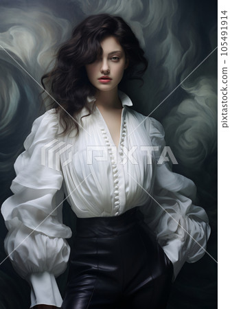 White blouse woman portrair, retro style, dreamy symbolism, flowing draperies, AI Generated 105491914