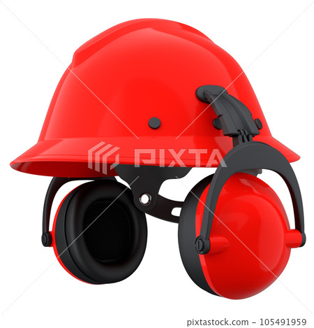 Red safety helmet or hard cap and earphones muffs on wihte background 105491959