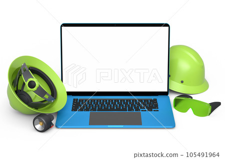 Set of safety helmets or hard caps, goggles and laptop on white background Set of safety helmets or hard caps, goggles and laptop on white background 105491964