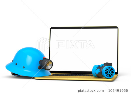 Set of safety helmets or hard caps, respirator and laptop on white background Set of safety helmets or hard caps, respirator and laptop on white background 105491966