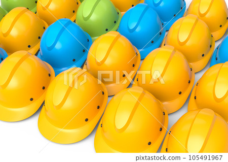 Set of safety helmets or hard caps for carpentry work in row on white background Set of safety helmets or hard caps for carpentry work in row on white background 105491967