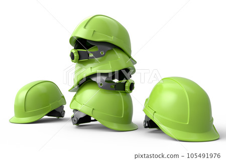 Stack of safety helmets or hard caps for carpentry work on white background 105491976
