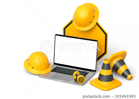 Set of safety helmets or hard hats and traffic cones, road sign on white 105491993