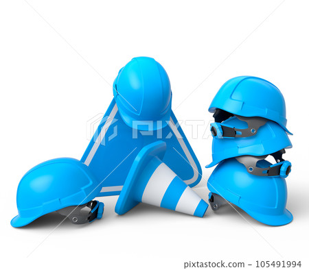 Set of safety helmets or hard hats and traffic cones, road sign on white 105491994