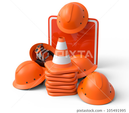 Set of safety helmets or hard hats and traffic cones, road sign on white Set of safety helmets or hard hats and traffic cones, road sign on white 105491995