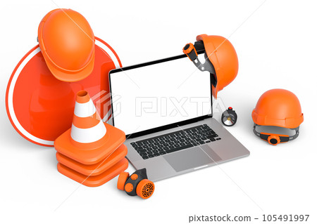 Set of safety helmets or hard hats and traffic cones, road sign on white Set of safety helmets or hard hats and traffic cones, road sign on white 105491997