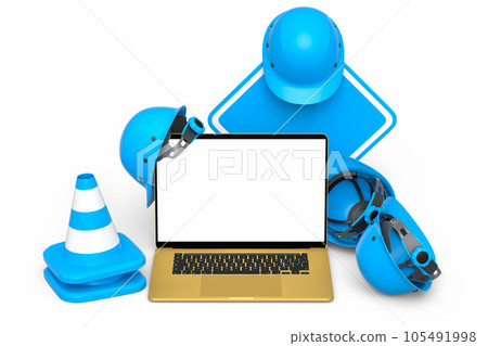 Set of safety helmets or hard hats and traffic cones, road sign on white Set of safety helmets or hard hats and traffic cones, road sign on white 105491998