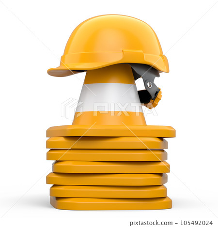 Stack of safety helmets or hard hats and traffic cones on white background Stack of safety helmets or hard hats and traffic cones on white background 105492024