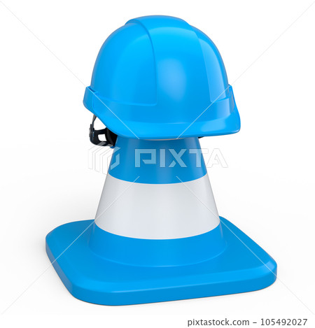 Stack of safety helmets or hard hats and traffic cones on white background Stack of safety helmets or hard hats and traffic cones on white background 105492027