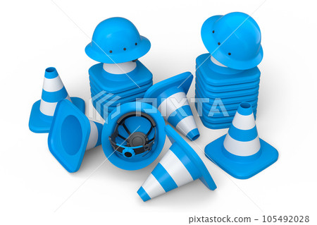 Set of safety helmets or hard hats and traffic cones, road sign on white Set of safety helmets or hard hats and traffic cones, road sign on white 105492028
